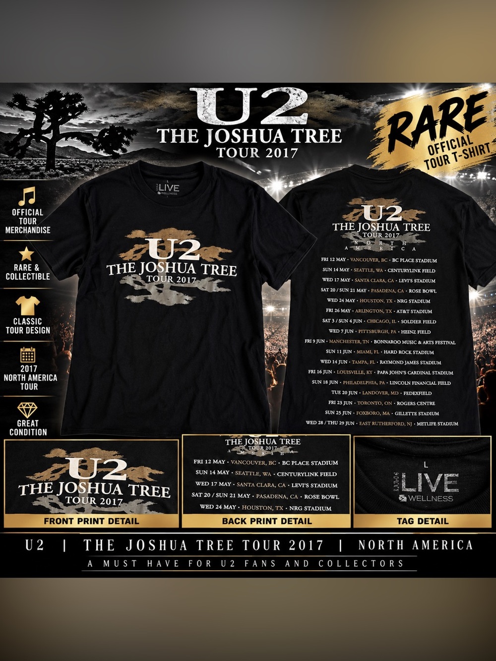 “RARE” NEW U2 The Joshua Tree Tour 2017 Black T-Shirt Med/Large